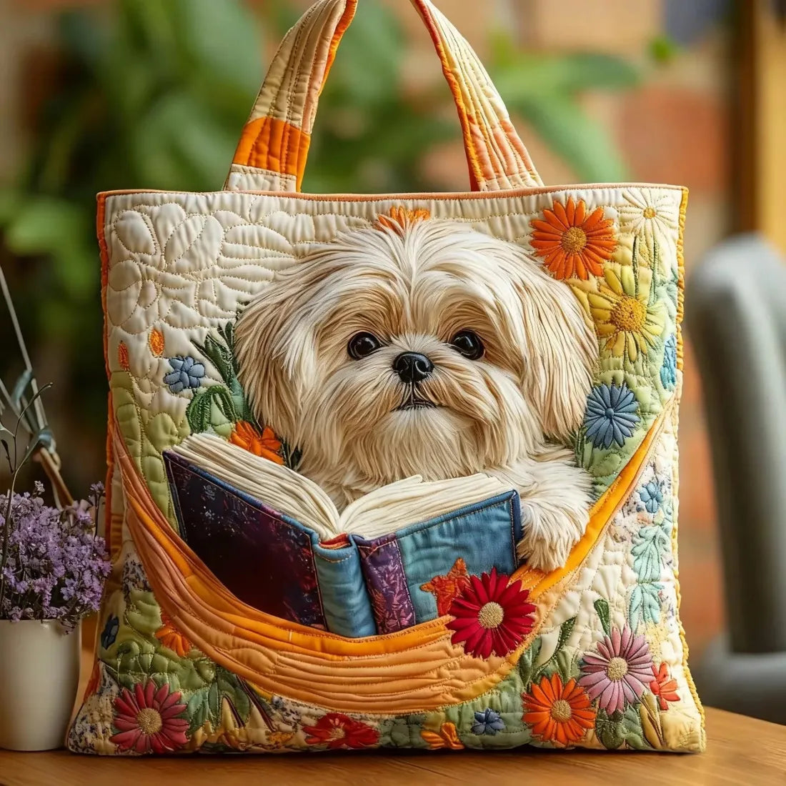 Ručně vyráběná taška Shih Tzu s knihou a květinami