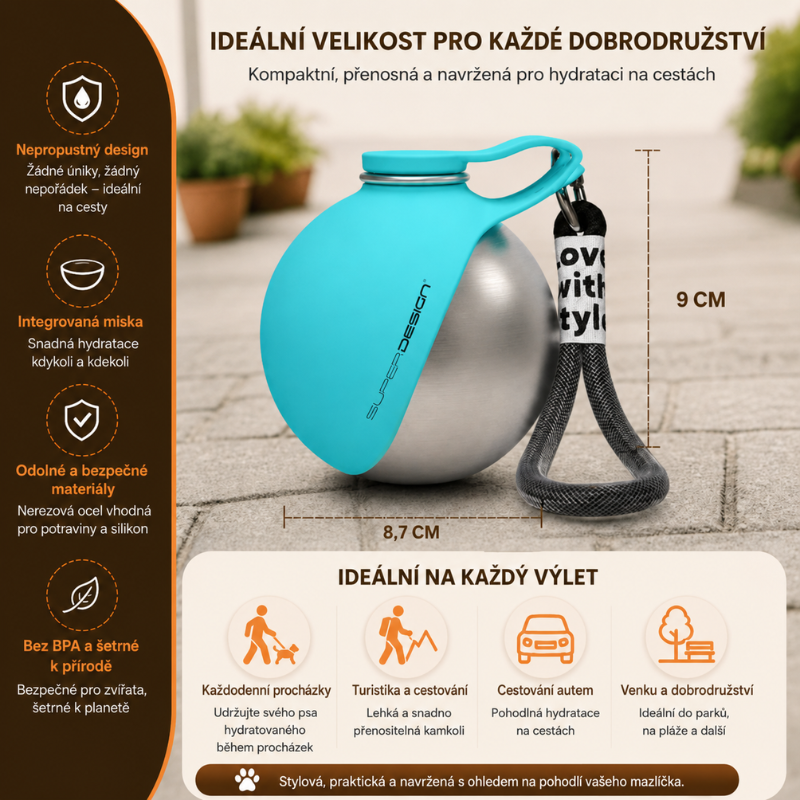 2-v-1 Cestovní lahev na vodu pro psy – Nepropustná nerezová lahev se silikonovou miskou