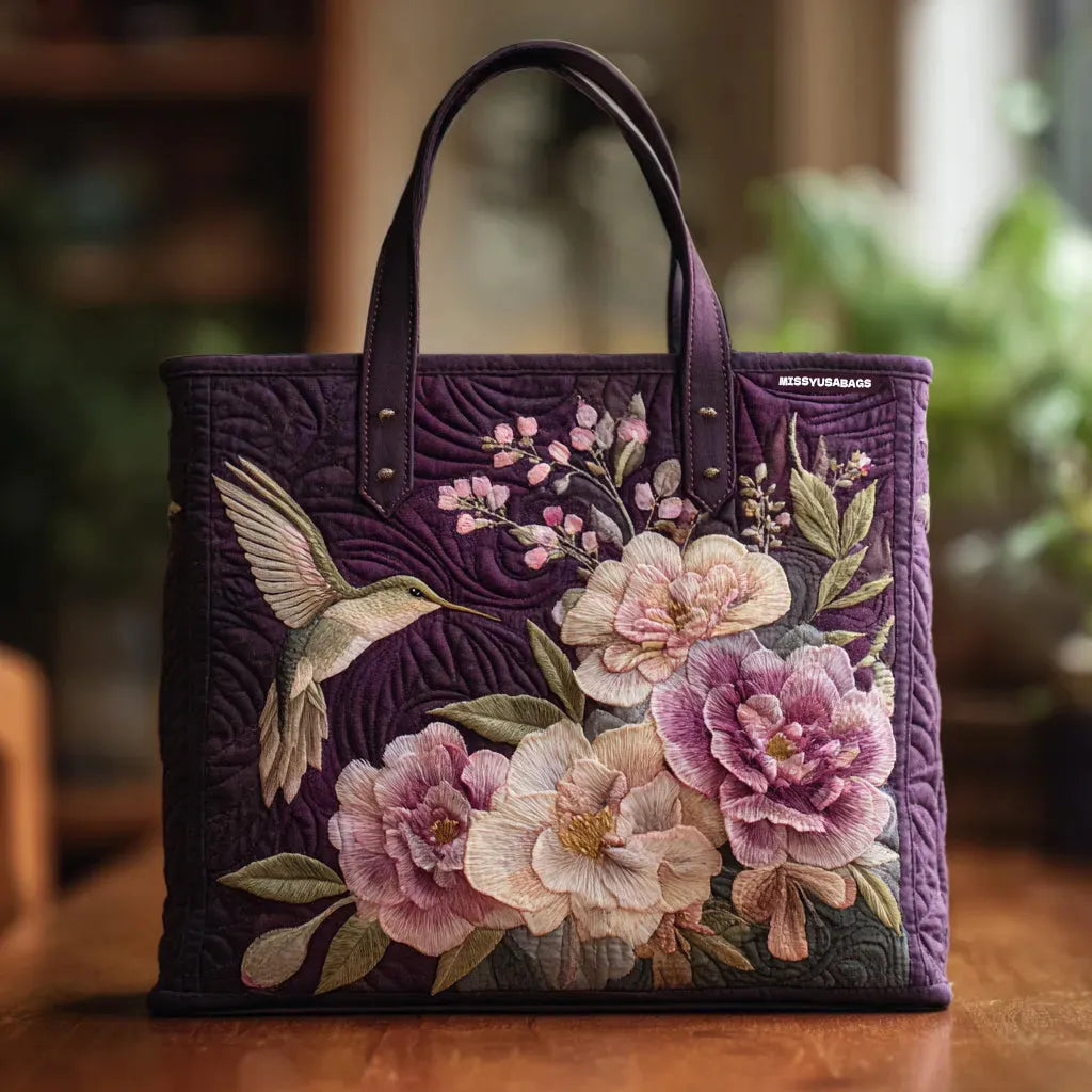 Ruční Vycpaná Taška Fialová s Kolibříky a Orchidejemi